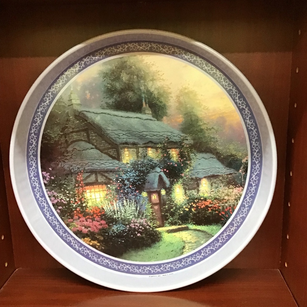 Thomas Kinkade 1992 Tin Serving‎ Tray Cottage Garden Scene Blue Floral Border - Picture 8 of 9